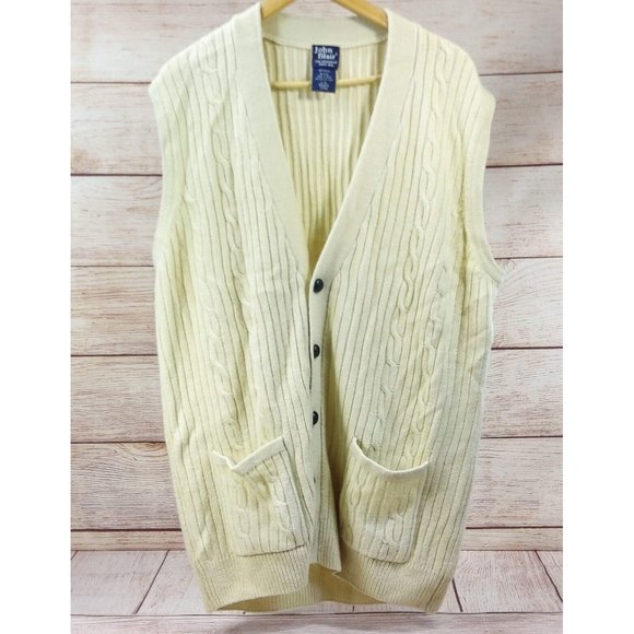John Blair Men Cable Knit Sleeveless Sweater Vest Button Front 2 Pockets Cream L - Picture 9 of 12